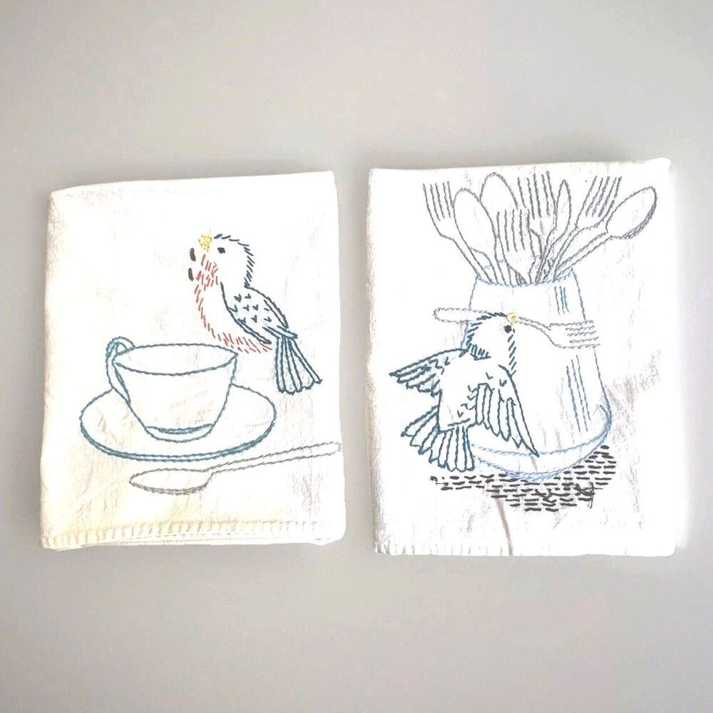 PAIR VTG 70s Whimsy Cottage Coastal Tea Towels Embroidery Bird Kitchen